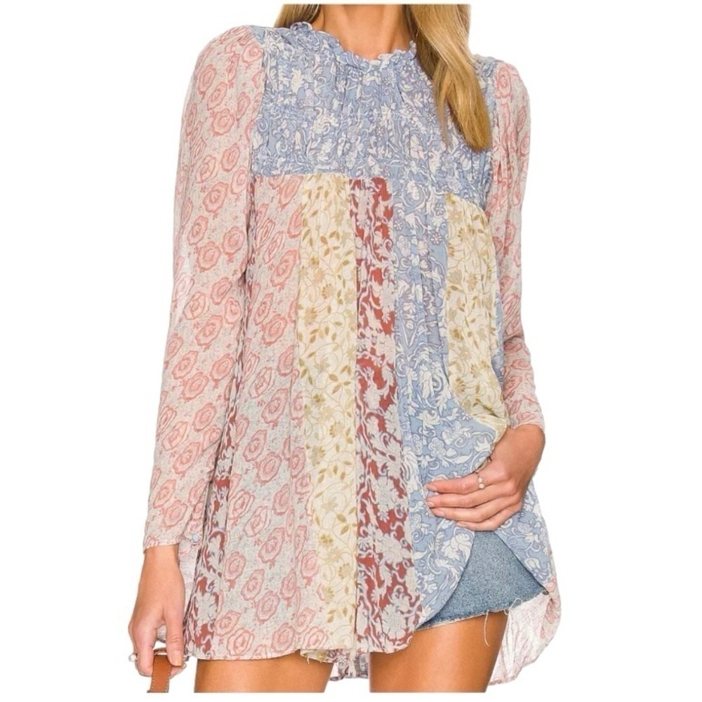 NWT FREE PEOPLE Merrie Mix Women size XS chiffon tunic peasant boho lilac combo